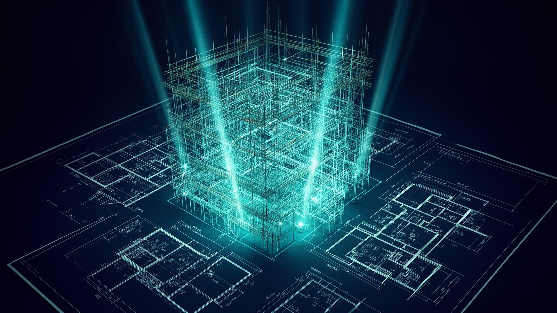 Luminous architectural wireframe rising from blueprint plans, evoking logical structure and solid foundations