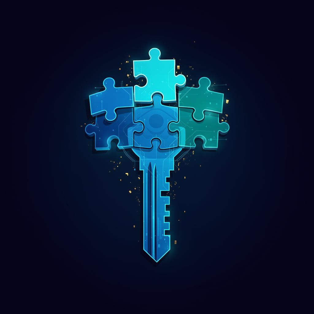 Five luminous puzzle pieces forming a key, symbolising the threshold conditions pharma needs before acquiring a biotech asset