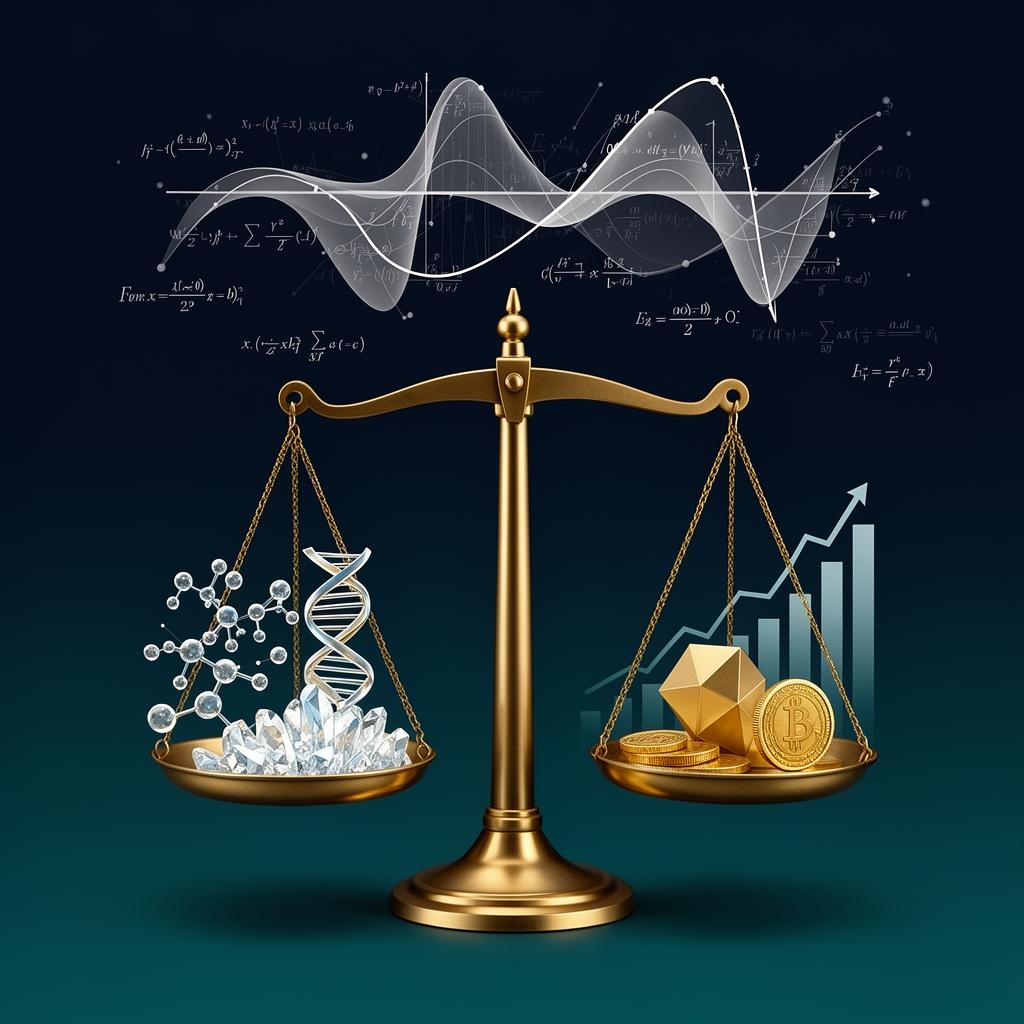 Abstract illustration of patent valuation with probability trees and financial models in navy blue and teal tones