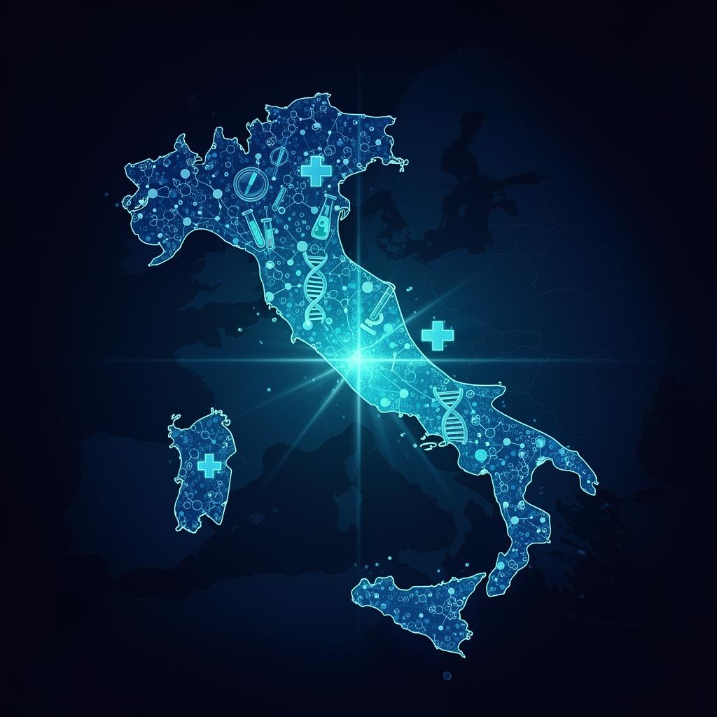 Stylised map of Italy formed by molecular structures and diagnostic symbols in blue tones, representing Italy as a gateway for oncology diagnostics entering Europe