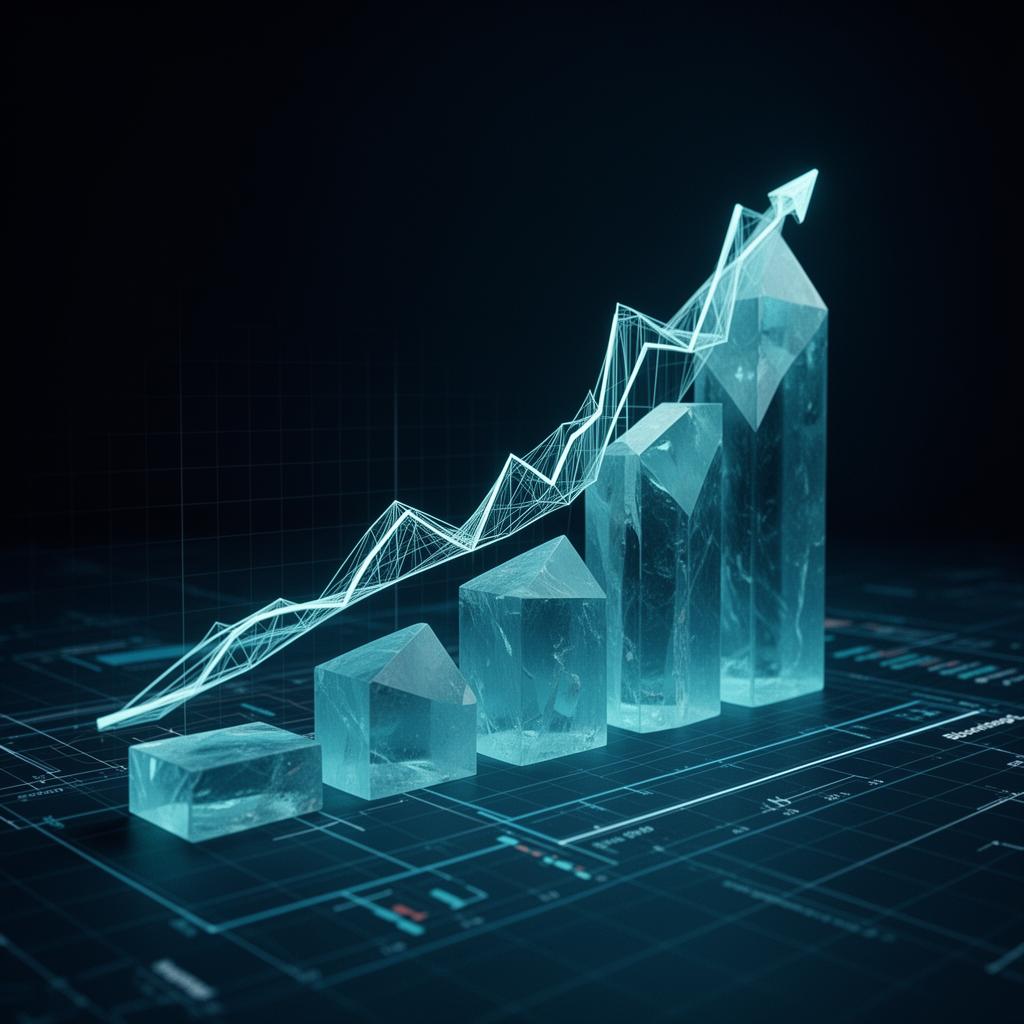 Ascending crystalline bars on a blueprint grid with a luminous upward trajectory, evoking value creation and probability shifts in capital allocation